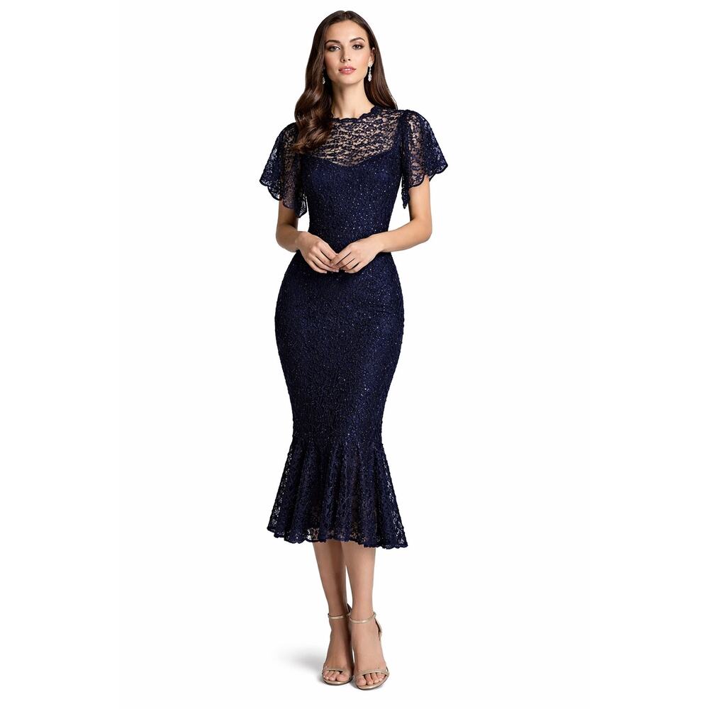 Nicole Bakti 663 2010s Navy Beaded Lace Mermaid Scalloped Flutter Sleeve dress 8